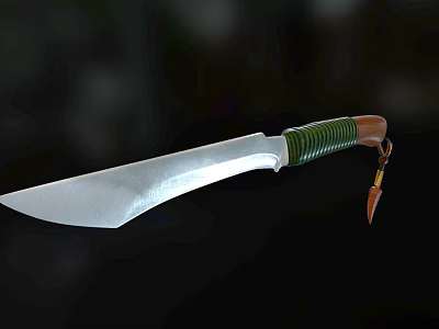 Sharp Silver Blade Knife With Green Wrapped Handle And Leather Pendant 3d model