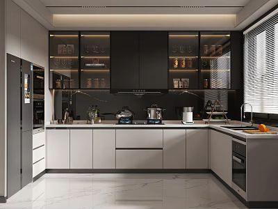 Modern Black And White Kitchen Interior With Glass Door Cabinets Marble Countertop And Appliances 3d model