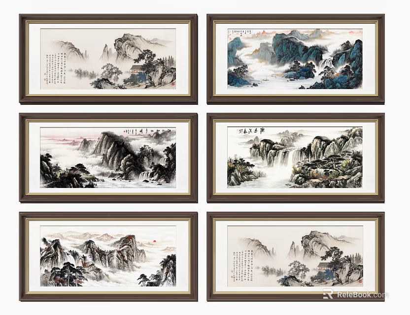 Traditional Chinese Landscape Paintings Six Framed Artworks with Mountains Waterfalls and Rivers 3d model 