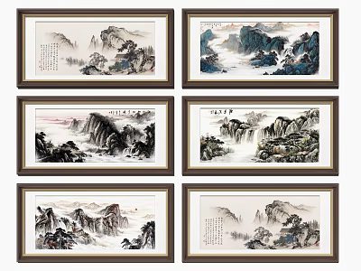 Traditional Chinese Landscape Paintings Six Framed Artworks with Mountains Waterfalls and Rivers 3d model