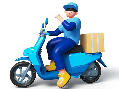 A Man In Blue Clothes Riding Blue Electric Scooter With Package And Yellow Shoes 3d model