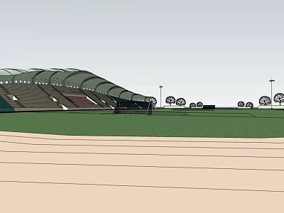 Football Stadium With Covered Stands Green Grass Field Floodlights And Surrounding Trees 3d model