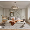 Cozy Bedroom Interior Design With Floral Wallpaper Round Mirror Chandelier And Soft Rug