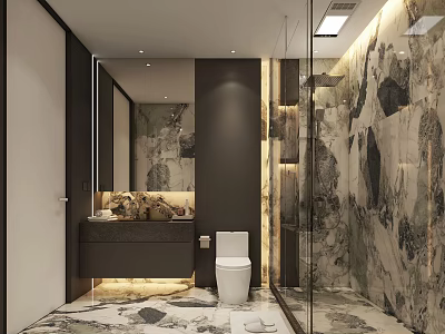 Luxury Modern Bathroom Interior Featuring Natural Marble Finishes Glass Shower Partition And Warm Ambient Lighting 3d model