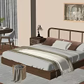 Modern Bedroom Interior With Wicker Headboard Desk Table Lamp Curtains Rug And Wall Painting