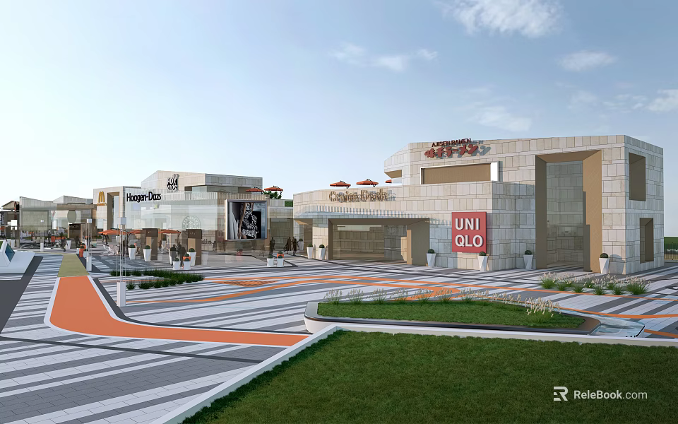 Modern Commercial Shopping Plaza With Carrefour UNIQLO Stores And Pedestrian Area 3d model 