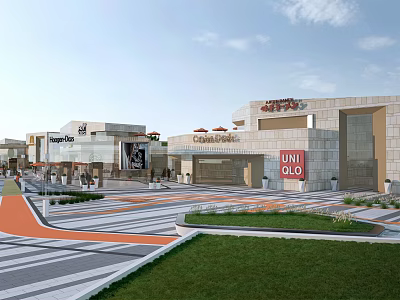 Modern Commercial Shopping Plaza With Carrefour UNIQLO Stores And Pedestrian Area 3d model