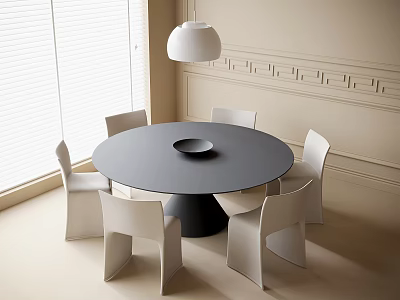 Modern Round Dining Table With Six White Chairs Window Blinds Hanging Lamp And Wall Panels 3d model