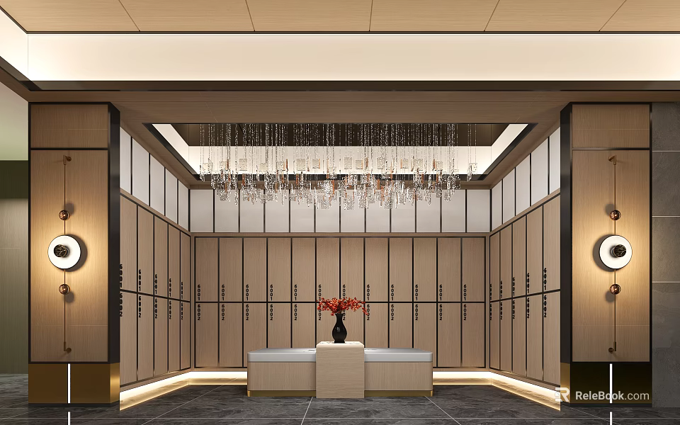 Luxurious Locker Hall Interior With Crystal Chandelier Wooden Lockers Central Table And Flower Vase 3d model 