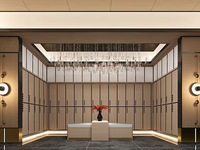 Luxurious Locker Hall Interior With Crystal Chandelier Wooden Lockers Central Table And Flower Vase 3d model