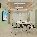 Modern Meeting Room Interior With White Table Green Chairs TV Screen And Geometric Wall Design