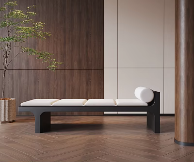 Modern Bench with White Cushion Black Frame in Contemporary Interior with Wooden Wall Green Plant 3d model