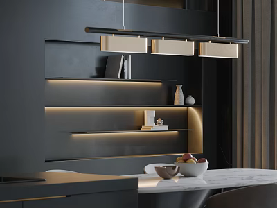 Modern Restaurant Interior With Pendant Lights Shelves Decorative Vases And Fruit Bowl On Counter 3d model