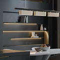 Modern Restaurant Interior With Pendant Lights Shelves Decorative Vases And Fruit Bowl On Counter
