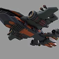Futuristic Battle Spaceship With Multiple Turrets Mechanical Armor And Black Orange Gray Design