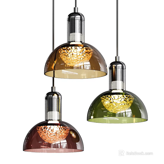 Colorful Glass Pendant Lights With Textured Shades And Silver Metallic Bases 3d model 