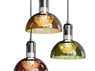 Colorful Glass Pendant Lights With Textured Shades And Silver Metallic Bases 3d model