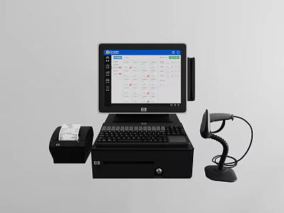 Modern Commercial Cash Register Equipment with Touchscreen Keyboard Receipt Printer and Barcode Scanner 3d model