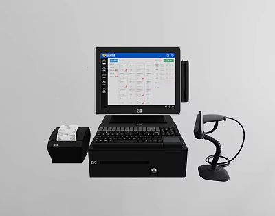 Modern Commercial Cash Register Equipment with Touchscreen Keyboard Receipt Printer and Barcode Scanner 3d model