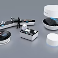Modern Tech Inspired Exhibition Booths With Curved And Circular Design And Interactive Elements