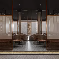 Traditional Chinese Tea Restaurant With Wooden Tables Stone Path Greenery Round Window And Lattice Partition