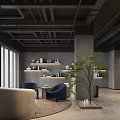 Modern Lounge Area With Gray Walls Black Pipe Ceiling Sofa Coffee Table And Green Plants