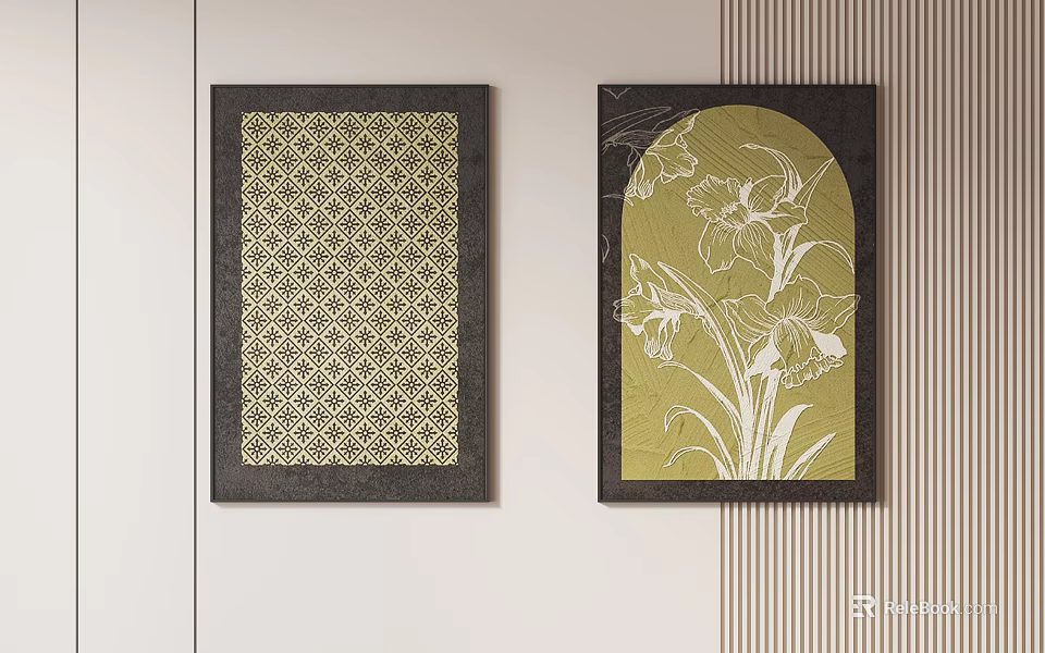 Two Piece Modern Yellow Wall Art With Geometric Pattern And Iris Floral Dark Frames 3d model
