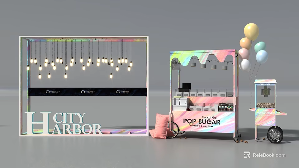 Interactive Zone at City Harbor Featuring Pop Sugar Stand Balloons and Hanging Lights 3d model 