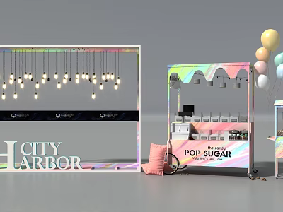 Interactive Zone at City Harbor Featuring Pop Sugar Stand Balloons and Hanging Lights 3d model
