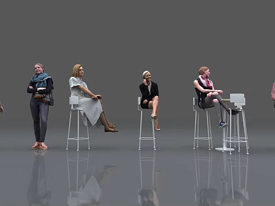 Group of People Sitting on Bar Stools in Different Poses Against Grey Background 3d model
