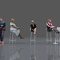 Group of People Sitting on Bar Stools in Different Poses Against Grey Background