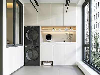 Modern Balcony Space With Washer Dryer Cabinet Sink And Window View 3d model
