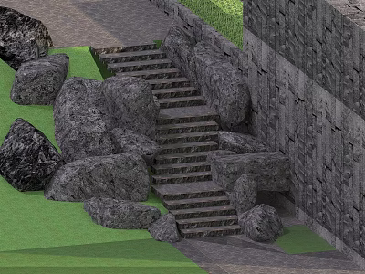 Natural Stone Staircase Landscape With Rocks Green Grass And Stone Wall 3d model