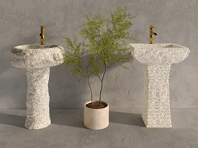 Two Textured Stone Washbasins With Golden Faucets And Potted Tree Against Gray Wall 3d model