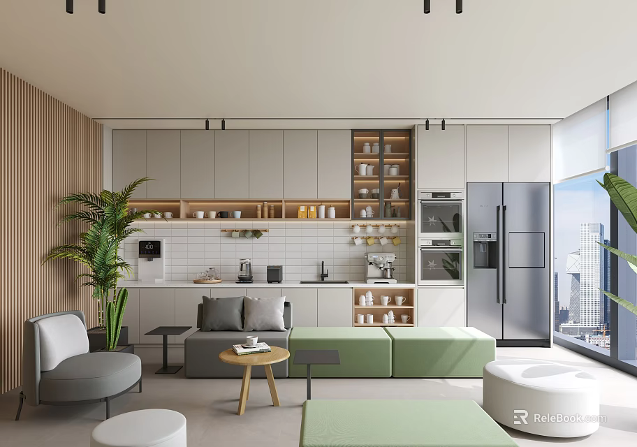 Modern Open Style Break Room With Green Sofa Plants And Storage Cabinets 3d model 