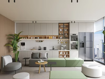 Modern Open Style Break Room With Green Sofa Plants And Storage Cabinets 3d model
