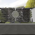 Traditional Chinese Scenic Wall with Circular Hollow-out Pattern Brick Stone Green Plants and Rockery Stones