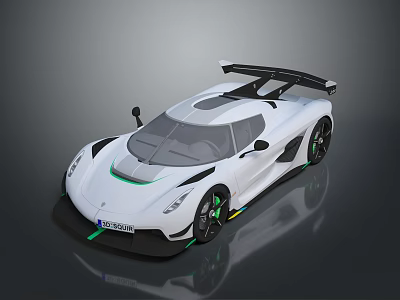 White Sports Car With Green Accent Stripes Large Rear Spoiler And High Performance Aerodynamic Design 3d model