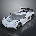White Sports Car With Green Accent Stripes Large Rear Spoiler And High Performance Aerodynamic Design
