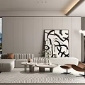 Modern Living Room Interior With Sea View Window Gray Sofa Brown Armchair And Abstract Painting