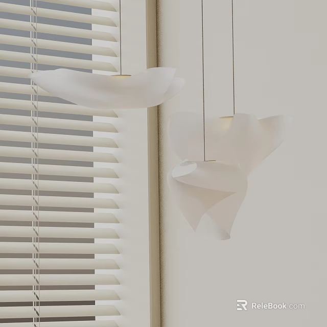 Modern White Pendant Lights With Unique Curved Design Hanging Above Window Blinds In Bright Room 3d model 