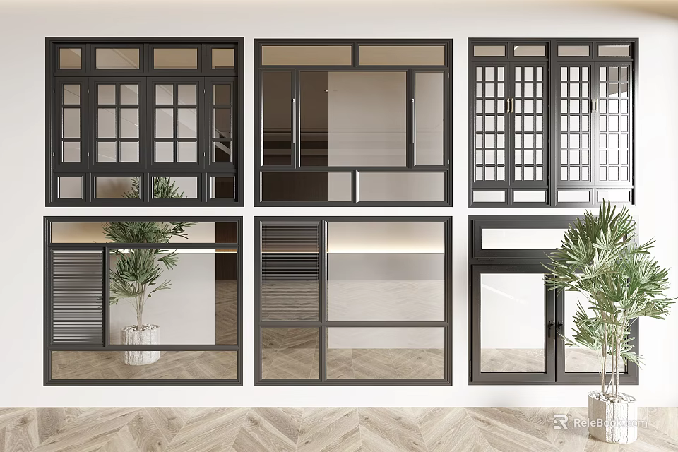 Various Modern Window Designs With Black Frames And Indoor Plants 3d model 