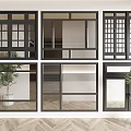 Various Modern Window Designs With Black Frames And Indoor Plants 3d model