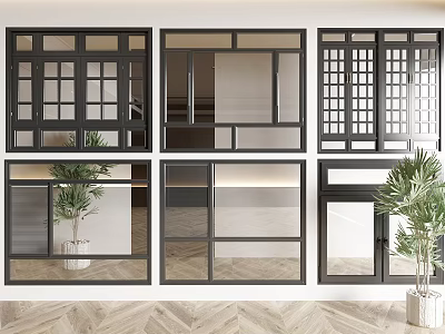 Various Modern Window Designs With Black Frames And Indoor Plants 3d model