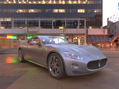 Silver Maserati Sports Car Parked On City Street With Lit Tall Buildings 3d model