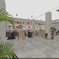 Modern Restaurant Interior With Colorful Menu Display Tables Chairs And Indoor Plants