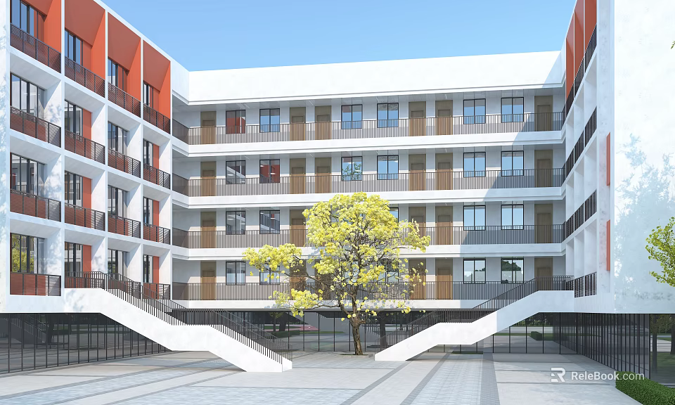 Red And White Multi Story School Teaching Building With Courtyard Large Tree And White Stairs 3d model 