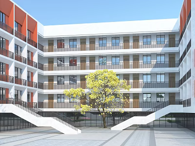 Red And White Multi Story School Teaching Building With Courtyard Large Tree And White Stairs 3d model