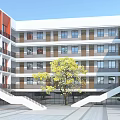 Red And White Multi Story School Teaching Building With Courtyard Large Tree And White Stairs