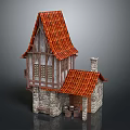 Cartoon Scene Of A Cozy House With Red Tiled Roof Stone Walls And Wooden Structure